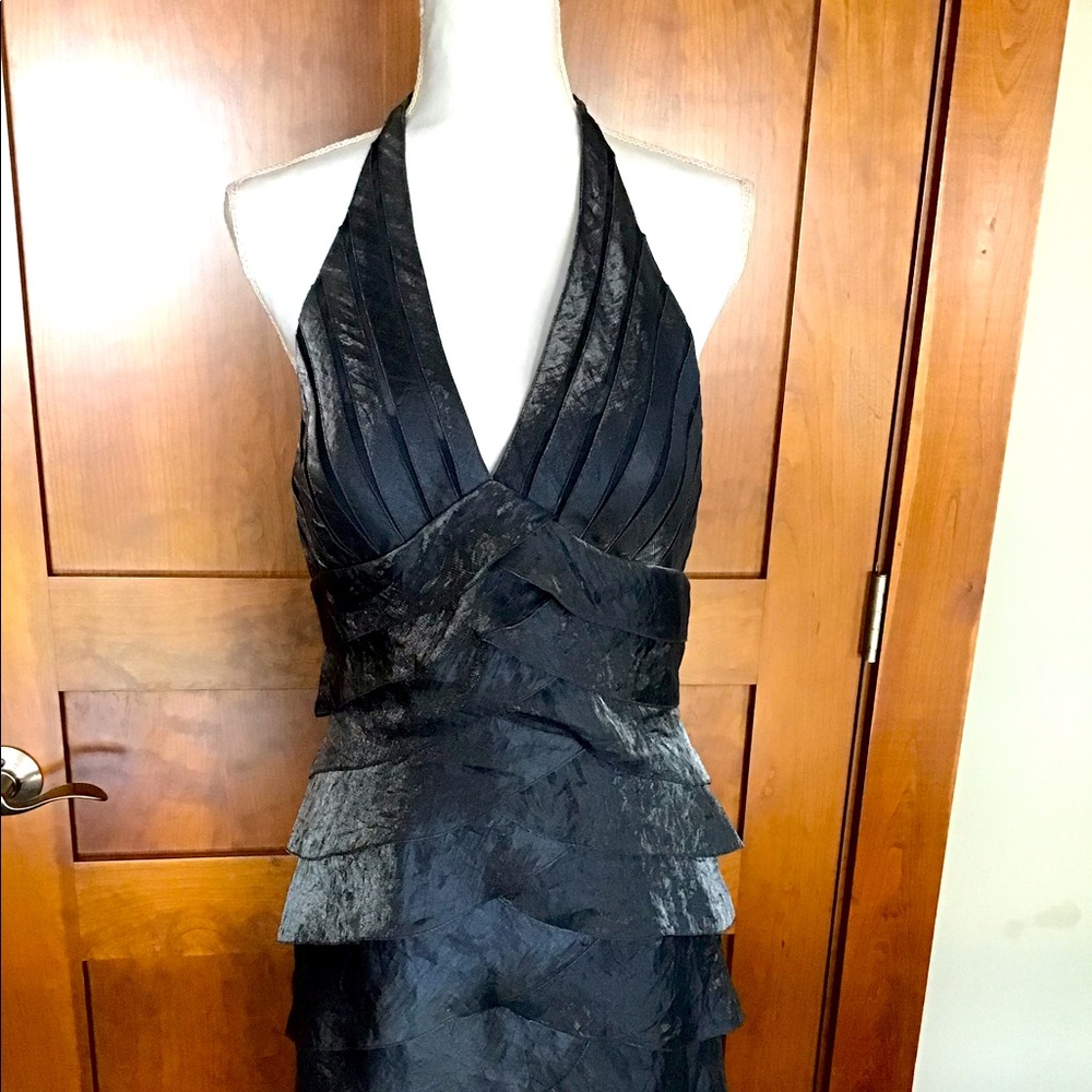Cachè Navy Tiered Ruffle Halter Dress